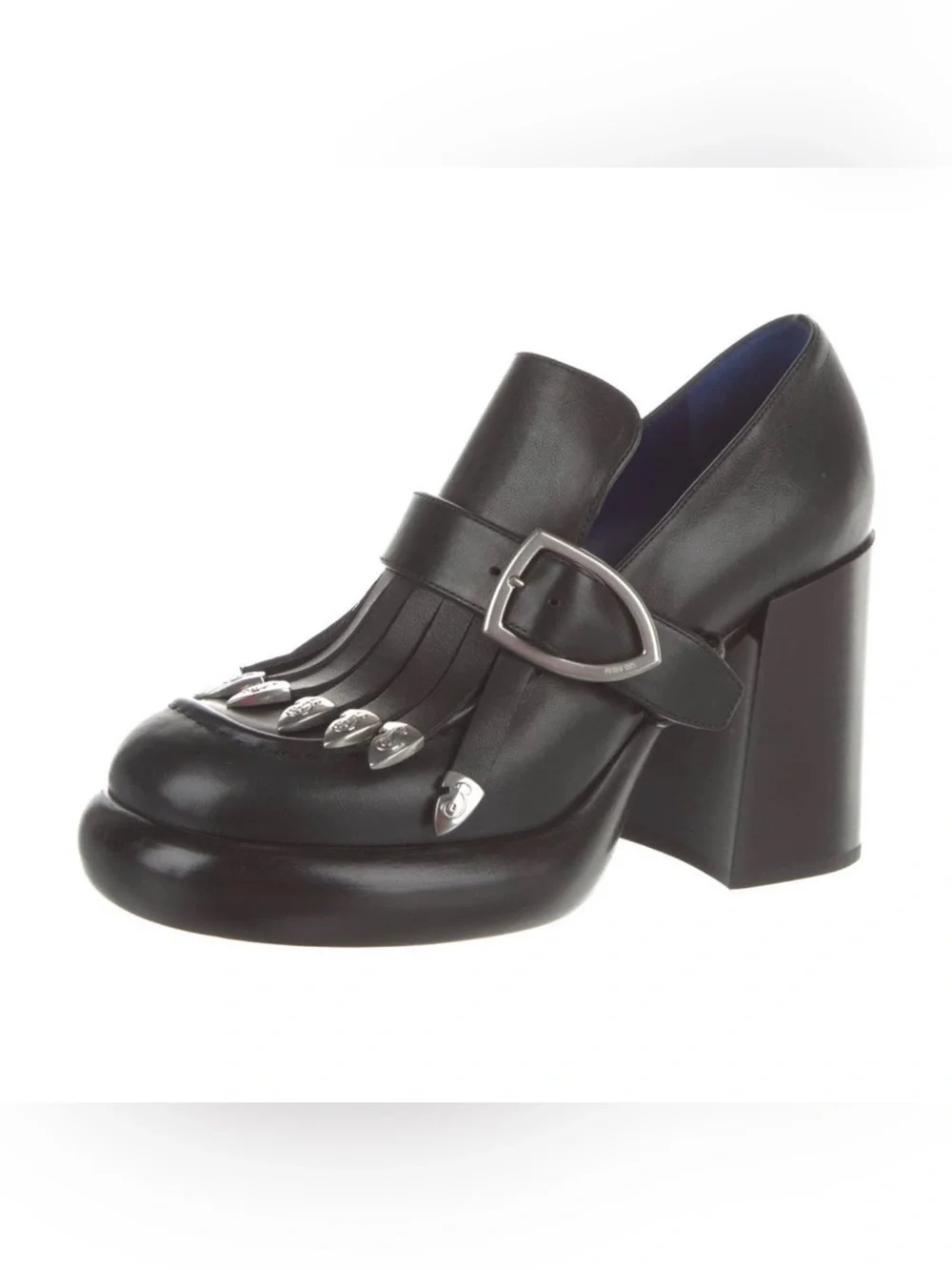 Burberry Black Leather Kiltie Buckle Block Heel Loafer